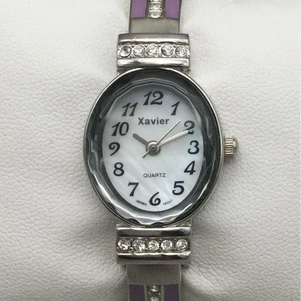 Xavier Womens Watch 20mm Oval Dial Faceted Crystal Purple Cuff Band New Battery